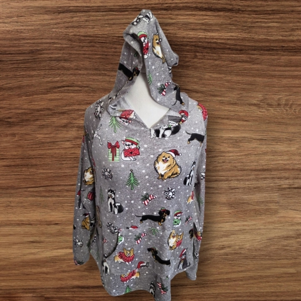 🎄Womens No Boundaries Gray Hoodie with Christmas Dog Print Sz Xl